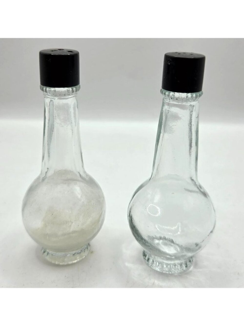 Vtg Glass Salt & Pepper Shakers Black Plastic Screw-On Lids Bulb-Shaped Potion